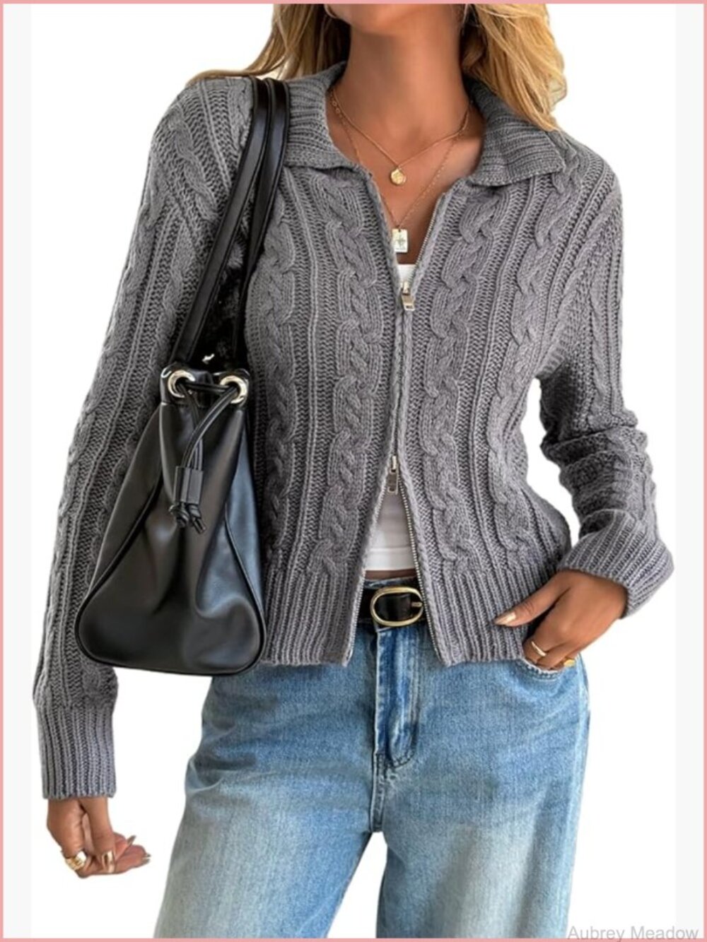 Vintage Chunky Cable Knit Crop Cardigan Zip Up Y2k Sweater Jacket